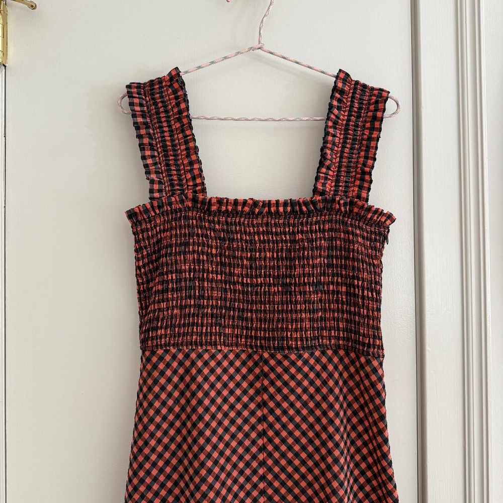 GANNI Seersucker Gingham Smocked Maxi Dress Rust Black 38 - Picture 3 of 9